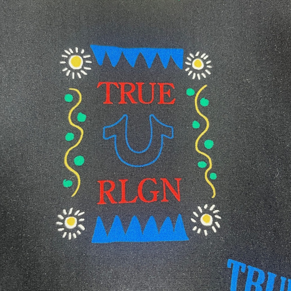 True Religion Resort Shirt Mens Large Black NWT SS Camp Collar Graphic Buddha - Picture 9 of 16